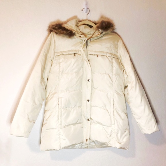 MICHAEL Michael Kors Jacket Cream Down Hooded Jacket Sz L EUC Fur Trim Hood - Picture 1 of 14